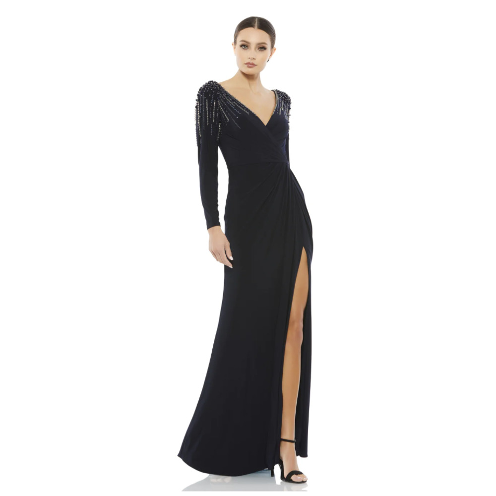 Mac Duggal JERSEY GOWN W/ EMBELLISHED ACCENTS, Sz 4, Midnight Navy, #55715‎